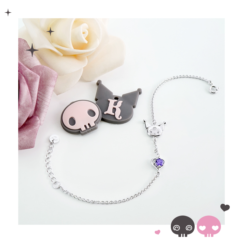 酷洛米公仔搭配紫水晶感愛心純銀手鍊,呈現 Kuromi 經典小惡魔魅力