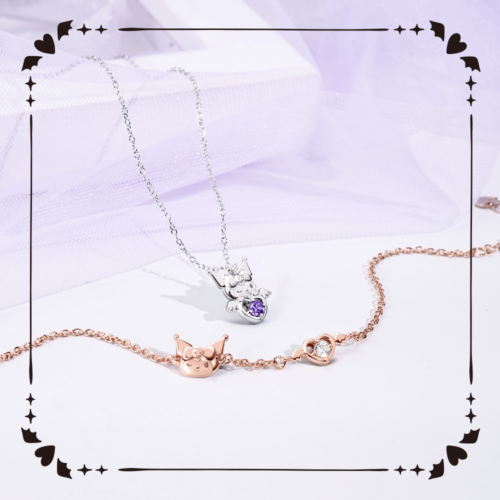 Kuromi 邱比特系列項鍊與手鍊組合展示,呈現甜蜜紫色風格。