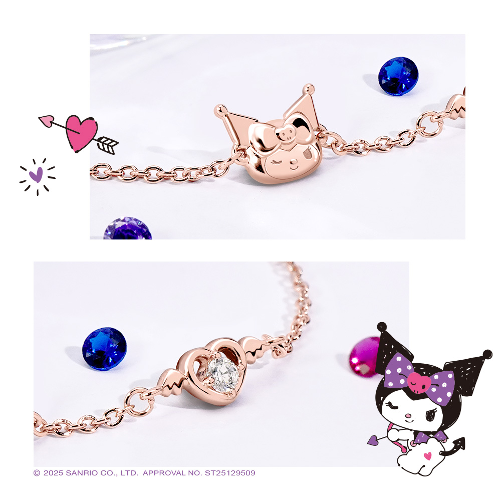 玫瑰金酷洛米造型與愛心飛翼誕生石吊飾的精緻立體細節。