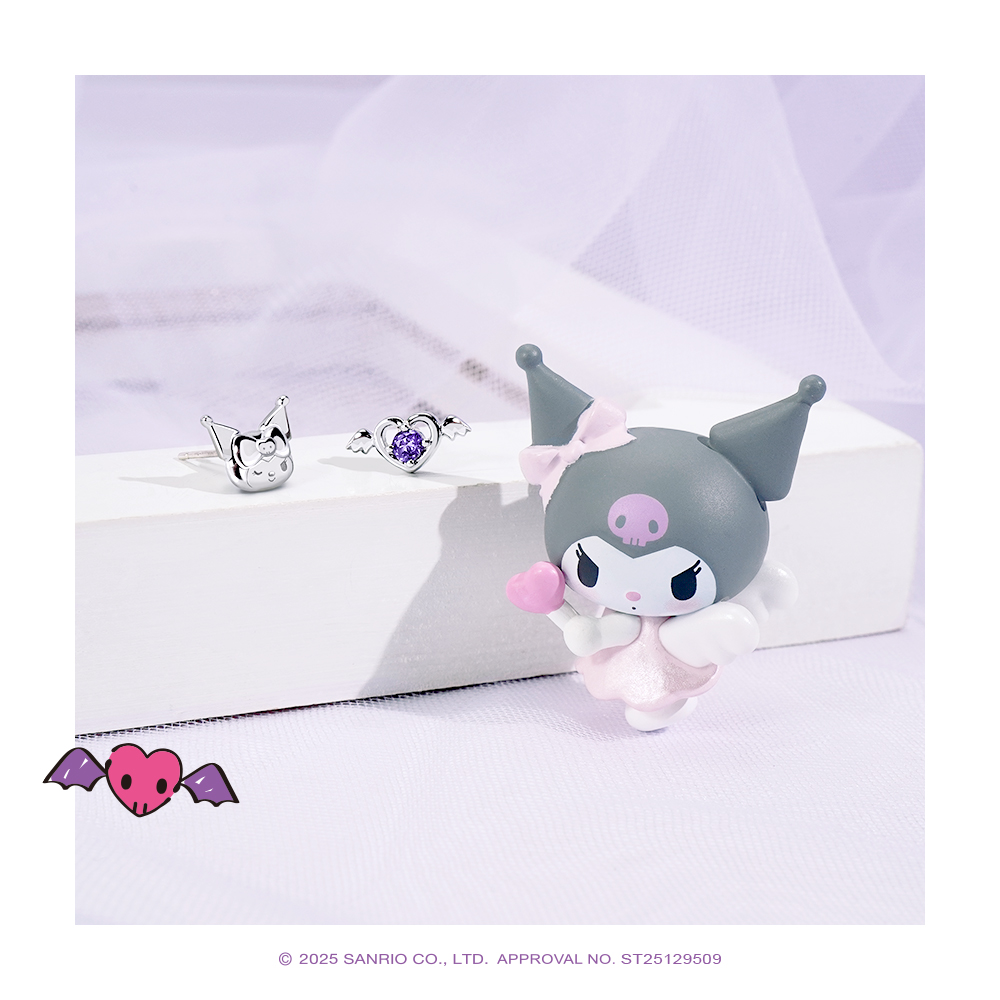 Kuromi 小惡魔誕生石純銀耳環與酷洛米公仔情境照,展現邱比特系列可愛魅力
