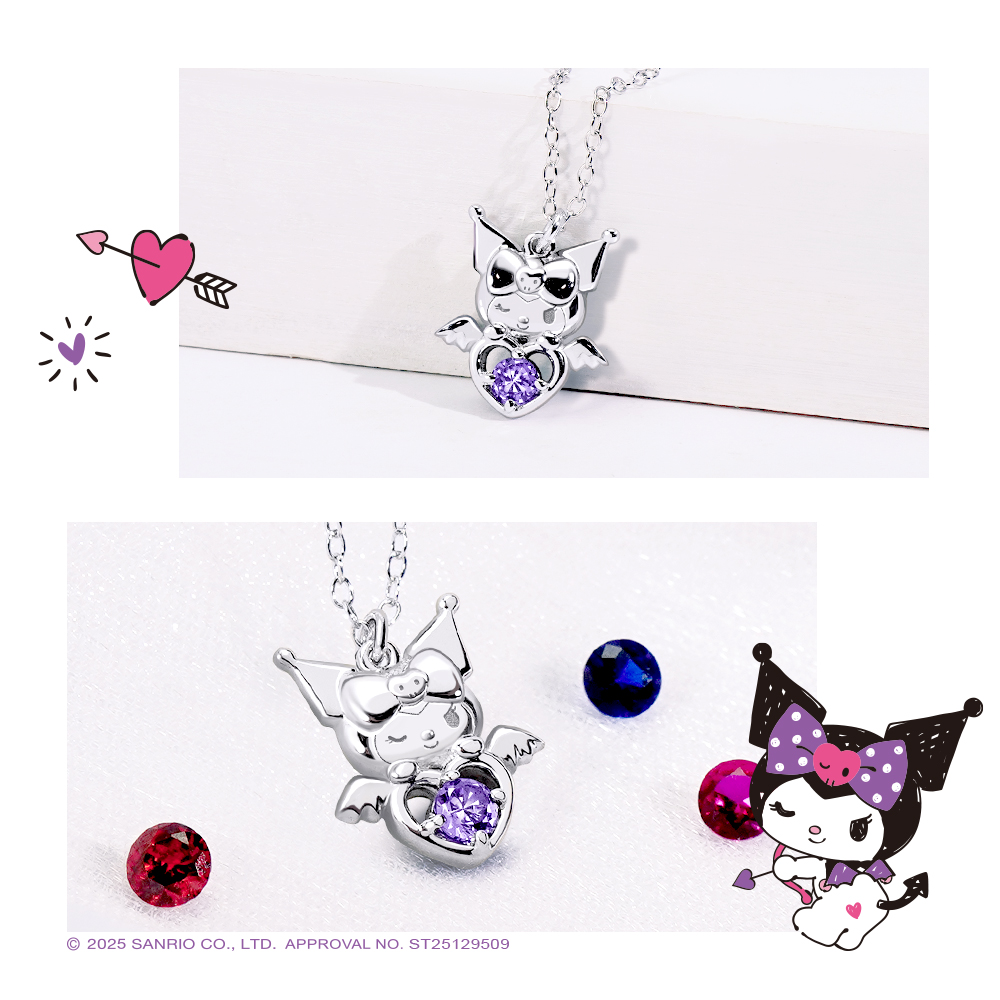 酷洛米邱比特項鍊與誕生石寶石的可愛擺拍圖。