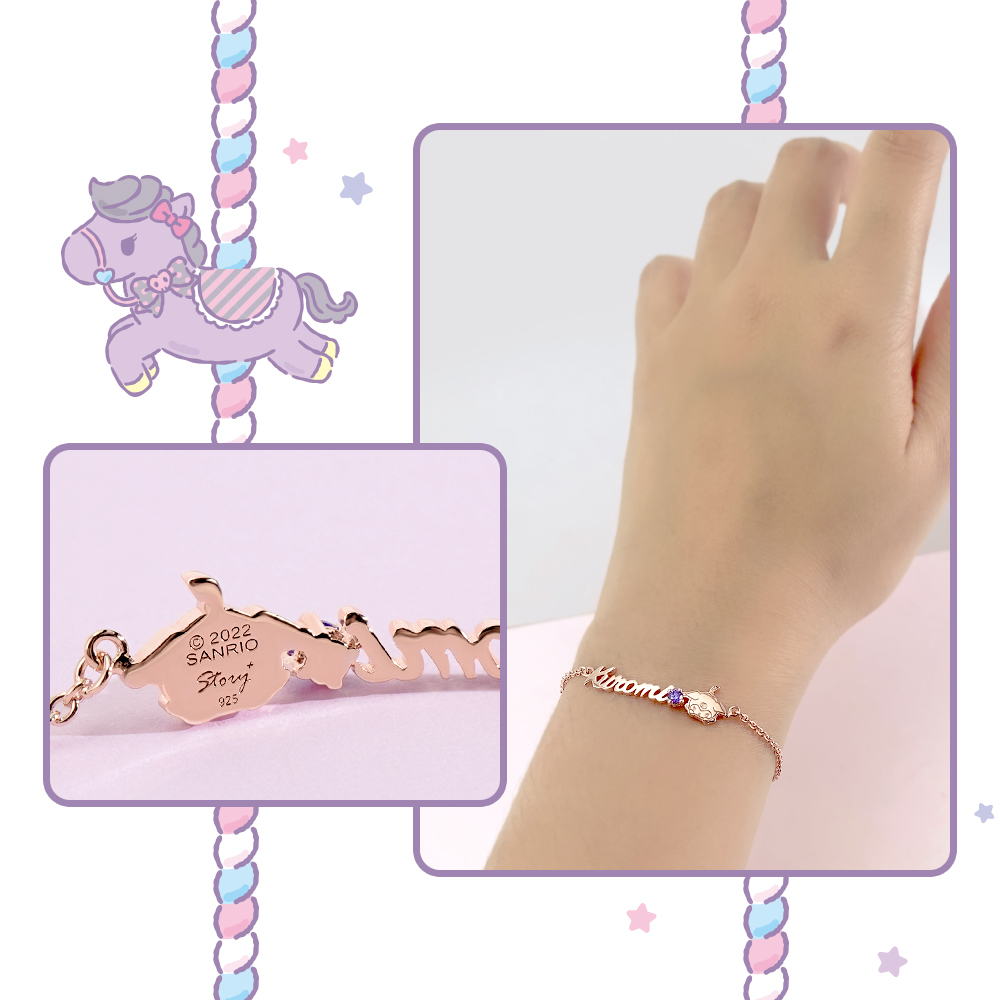 酷洛米客製手鍊佩戴示意圖,並展示925純銀背面刻印細節