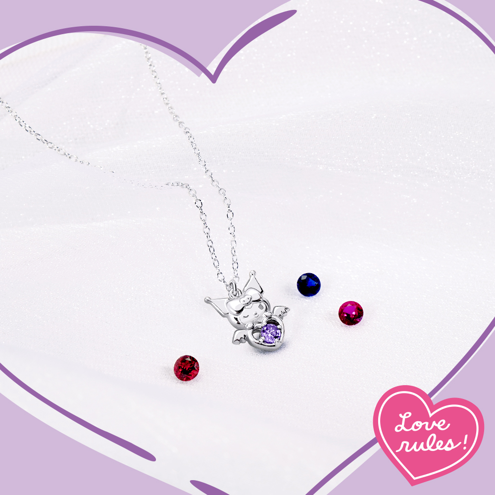 Kuromi 邱比特手鍊與誕生石項鍊玫瑰金與銀色混搭展示。