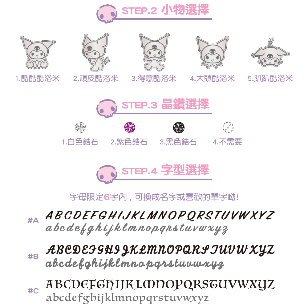 酷洛米客製選項示意,包括五種酷洛米造型、三色晶鑽與三種英文刻字字型