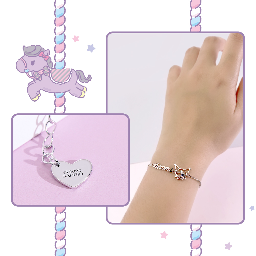 佩戴示範:女孩手腕配戴 Kuromi 客製化純銀手鍊的甜美畫面