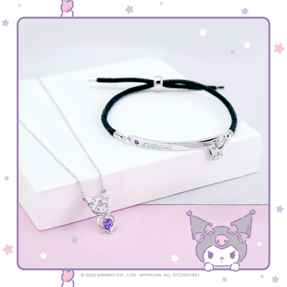 酷洛米誕生石項鍊與Kuromi手鍊組合擺拍,呈現搭配風格
