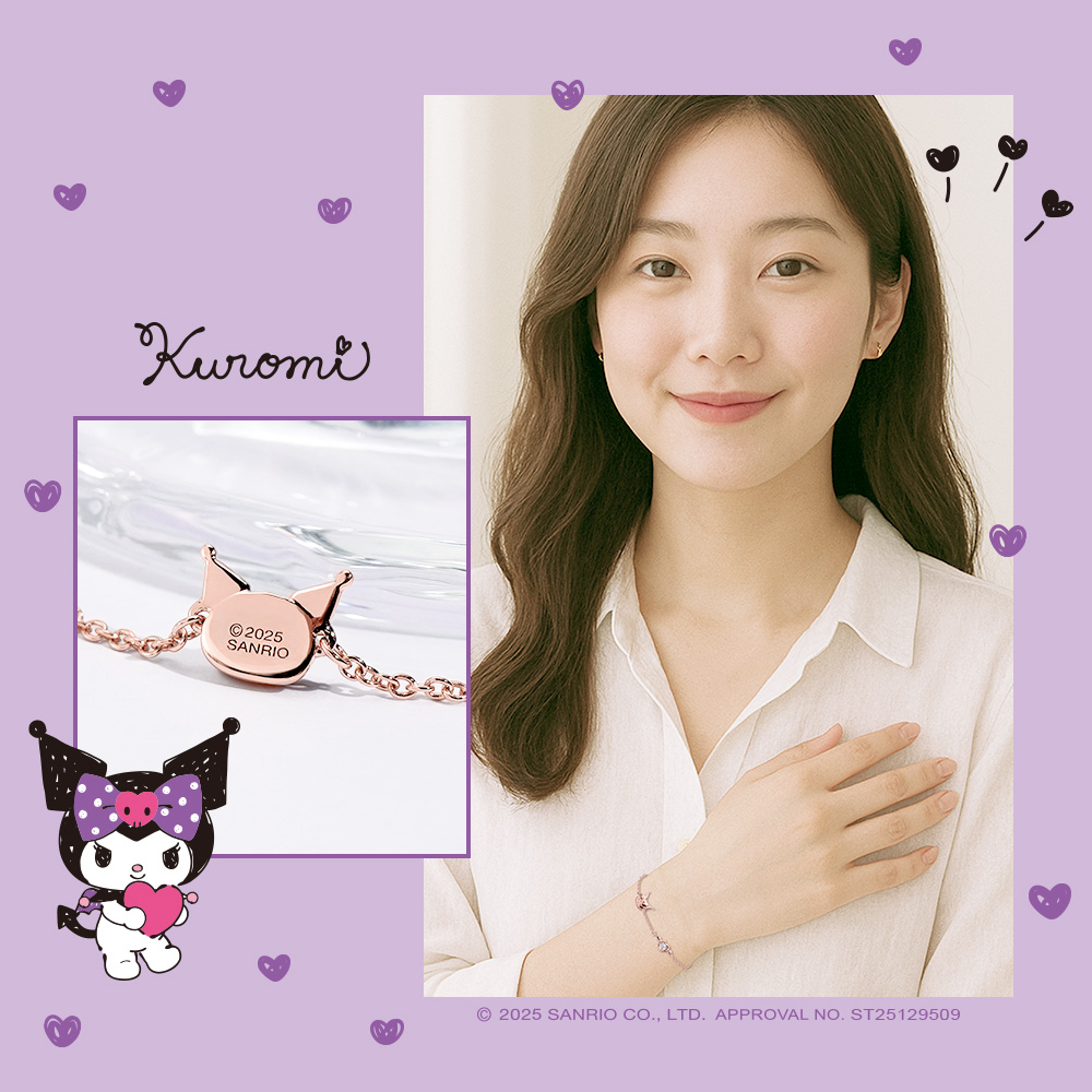 模特兒展示 Kuromi 玫瑰金誕生石手鍊的佩戴效果照片。