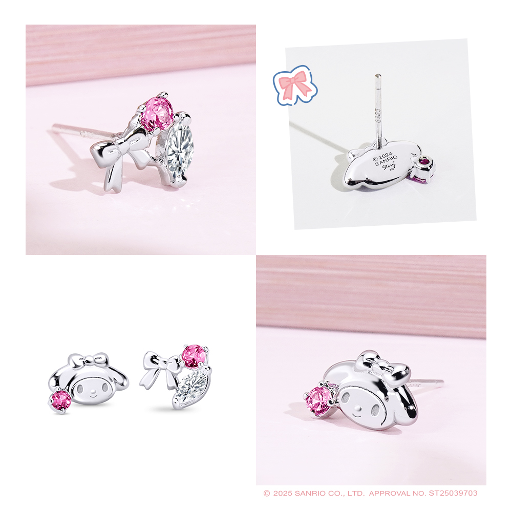 美樂蒂純銀耳環 背面刻印 Sanrio 正版授權標誌 My Melody 耳環 正面左右款式展示