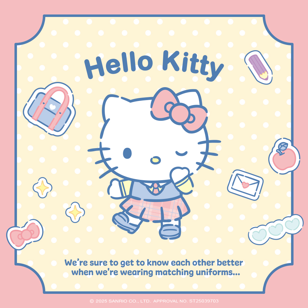 Hello Kitty Sanrio 學院 Mix 系列主視覺插畫,凱蒂貓穿著校服風造型,展現甜美校園氛圍