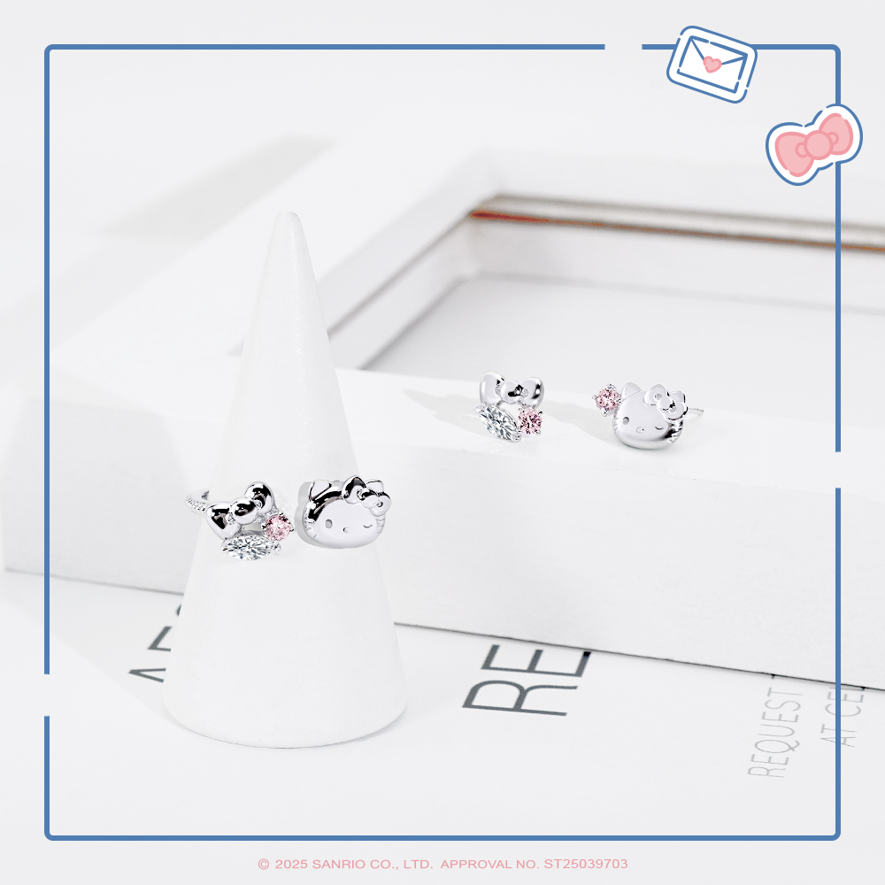 Hello Kitty 純銀耳環及戒指雙展示,優雅設計