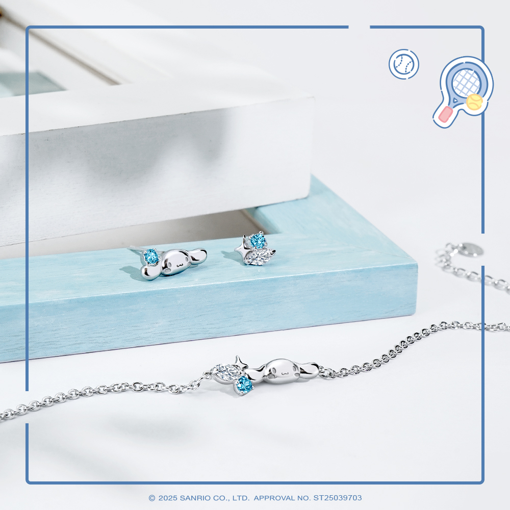 大耳狗晶鑽純銀手鍊搭配耳環近距離特寫,925 純銀光澤