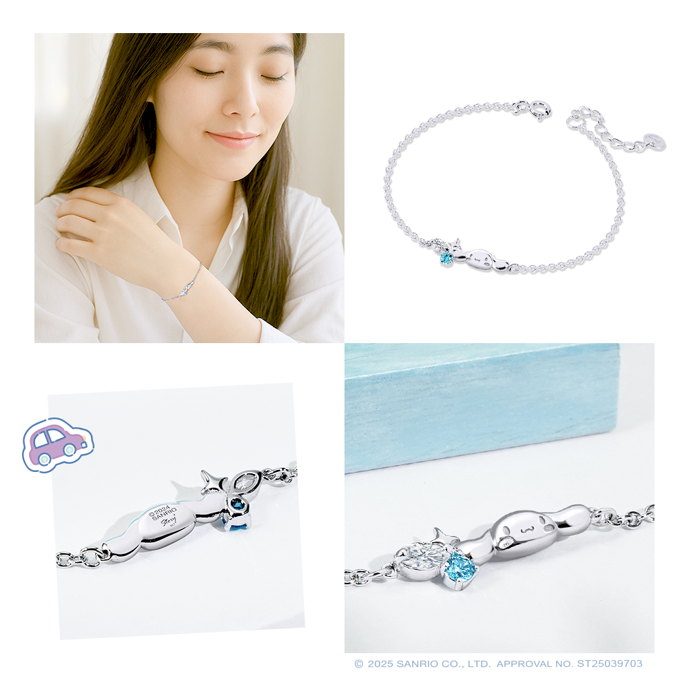 模特兒實戴大耳狗純銀手鍊,日常配戴示意照;大耳狗手鍊背面細節,Sanrio 正版授權標示