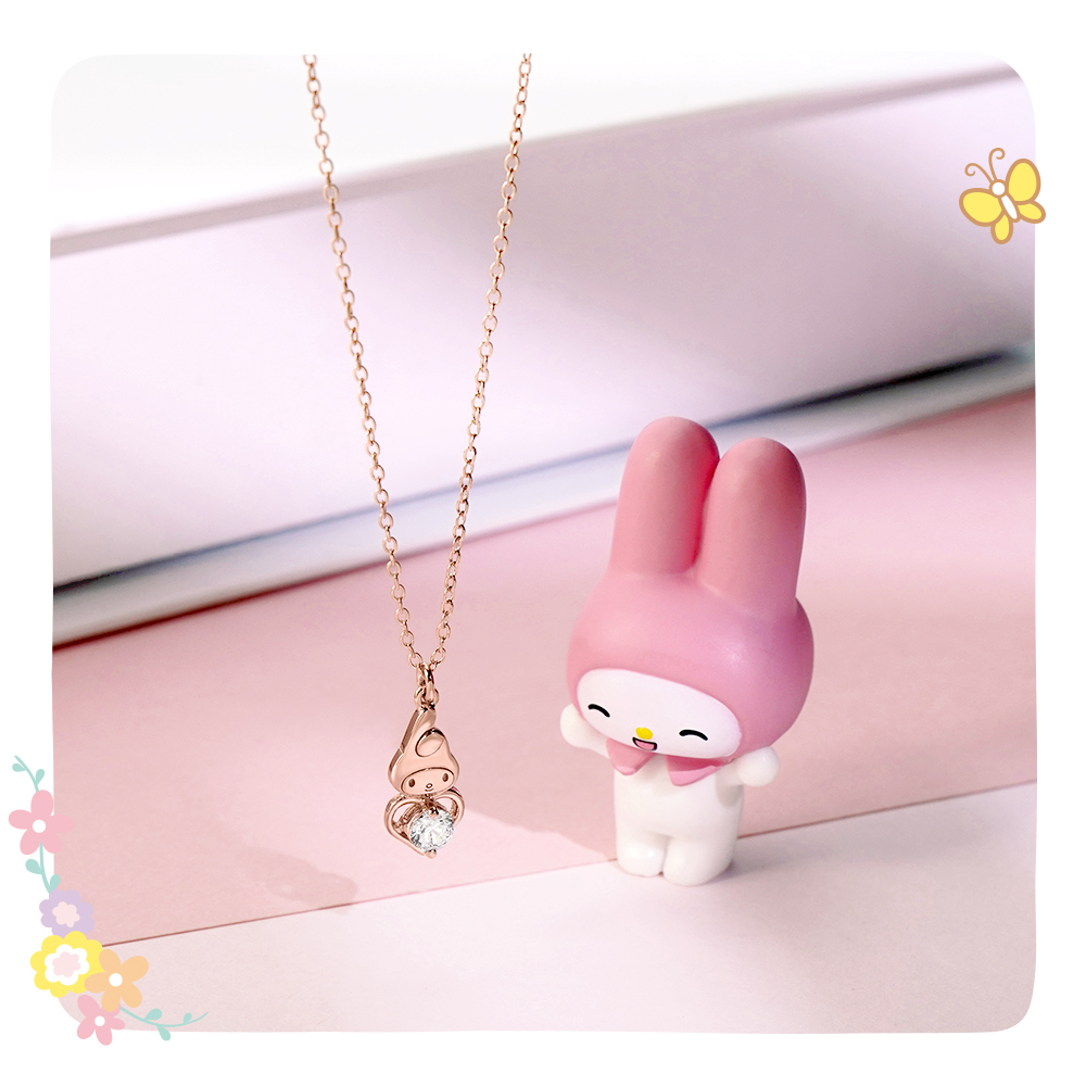 美樂蒂 My Melody 玫瑰金純銀項鍊搭配公仔實拍,溫柔可愛風格