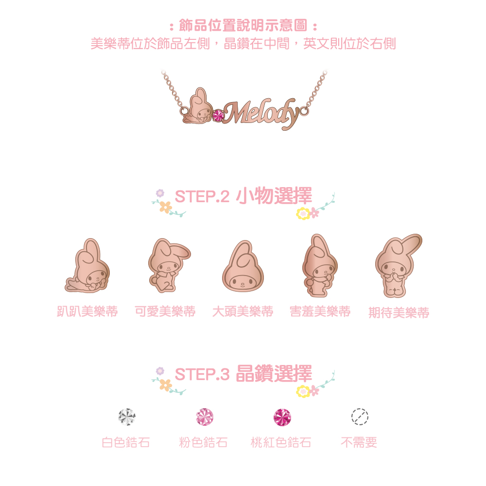 My Melody 客製造型選擇示意,五款不同表情美樂蒂角色一次展示,晶鑽選擇示意,白色、粉色、桃紅色鋯石與不鑲鑽選項