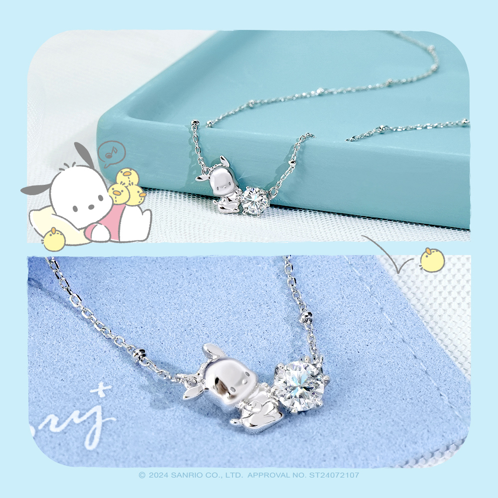 Pochacco 純銀項鍊近拍,展示莫桑石單鑽火彩與細節