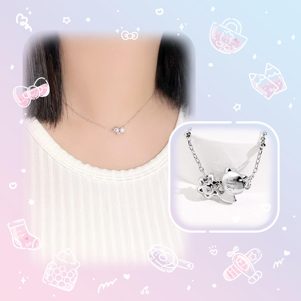 模特兒實際配戴 Hello Kitty 莫桑石項鍊,簡約百搭穿搭效果