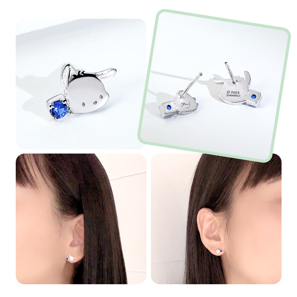 Pochacco 純銀耳環細節與實際配戴展示圖