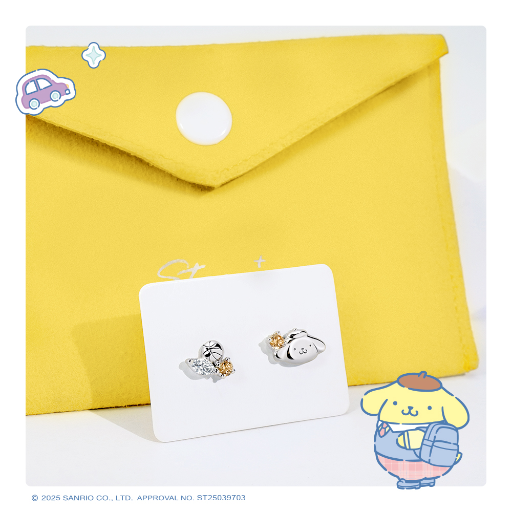 布丁狗PomPomPurin晶鑽純銀耳環商品卡展示,三麗鷗正版授權收藏飾品。