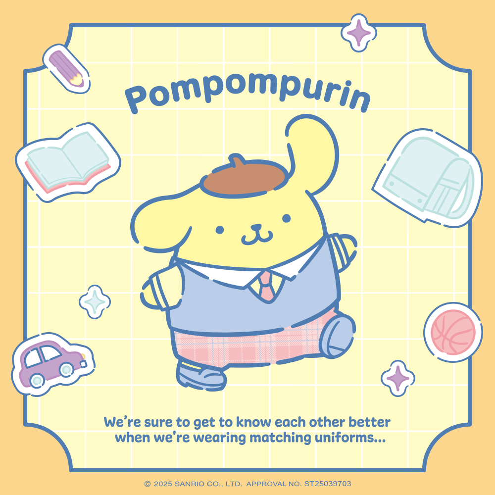 Sanrio學院Mix系列布丁狗PomPomPurin主視覺插畫,展現青春校園與療癒可愛風格。