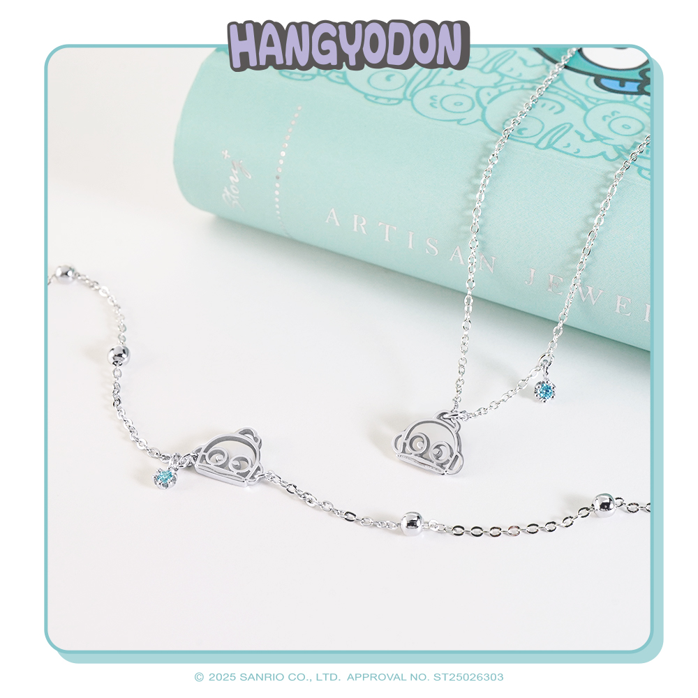 Hello Hangyodon 人魚漢頓線框系列項鍊與手鍊搭配展示,925純銀晶鑽設計。