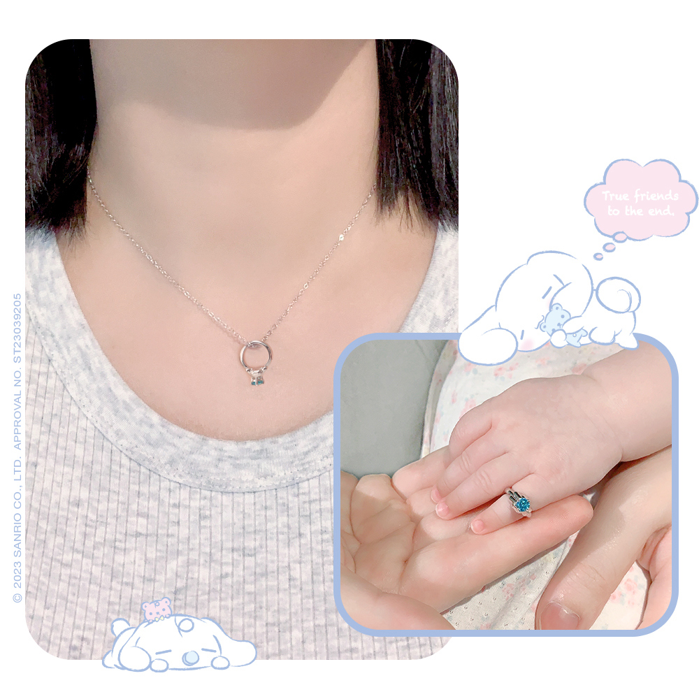 Baby Ring 純銀項鍊配戴示意,大耳狗 Cinnamoroll 項鍊展現簡約療癒日系風格。