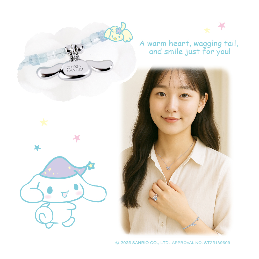 Cinnamoroll 喜拿雲朵系列手鍊配戴示意,展現天然海藍寶與925純銀的優雅日常穿搭。