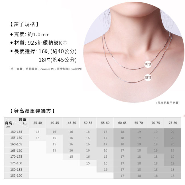 925純銀項鍊鍊長尺寸介紹 16吋40公分與18吋45公分配戴示意及身高建議表