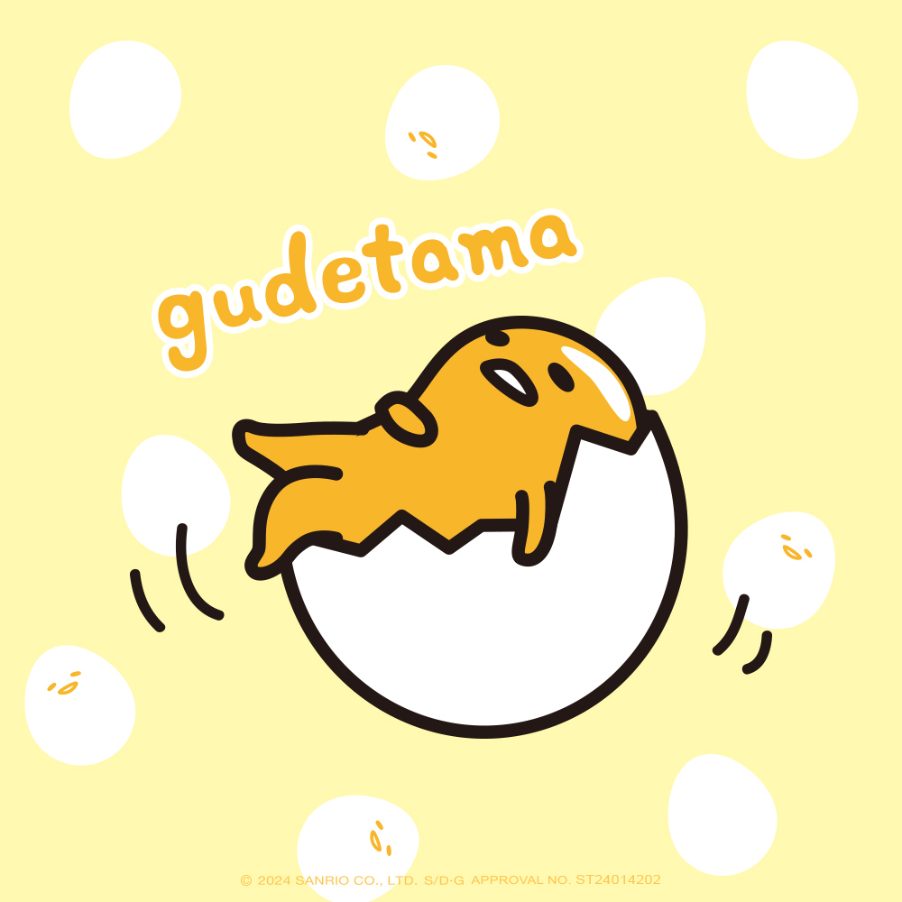 蛋黃哥 Gudetama 誕生系列主視覺插畫,蛋黃哥慵懶躺在蛋殼上的可愛形象。