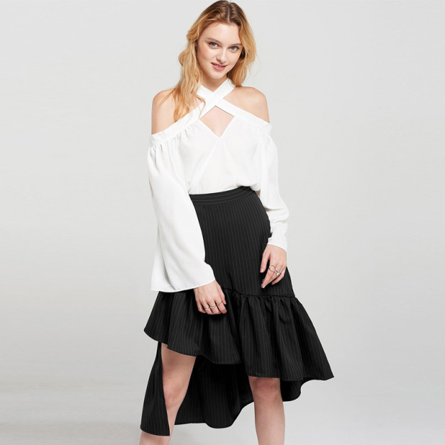 豎條紋不規則荷葉邊 中長版半身裙 豎條紋不規則荷葉邊 中長版半身裙