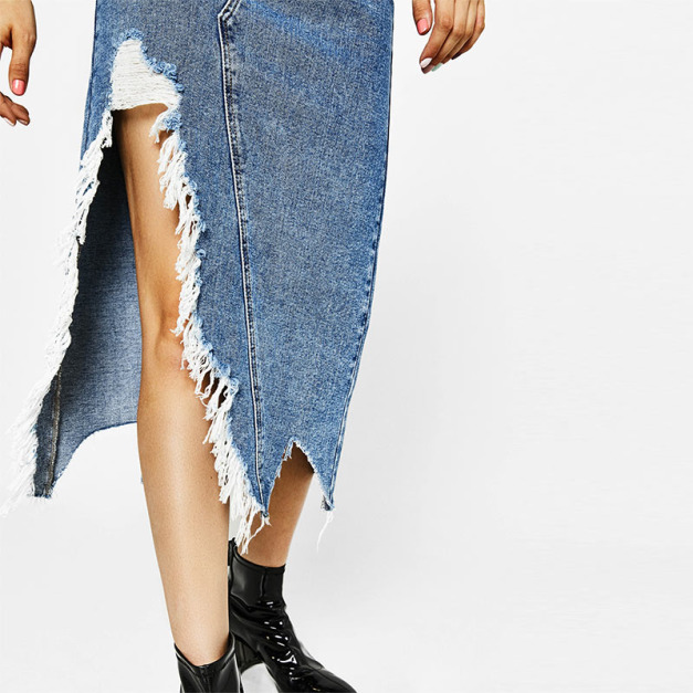 休閒不規則毛邊 超個性開叉牛仔裙 休閒不規則毛邊 超個性開叉牛仔裙