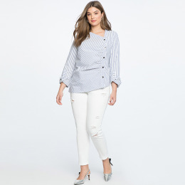 【大尺碼】歐風簡約 斜V領條紋不對稱顯瘦單排鈕扣襯衫 【大尺碼】歐風簡約 斜V領條紋不對稱顯瘦單排鈕扣襯衫