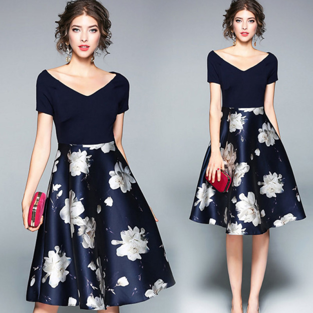 V領短袖拼接花朵印花大擺連身洋裝小禮服 V領短袖拼接花朵印花大擺連身洋裝小禮服