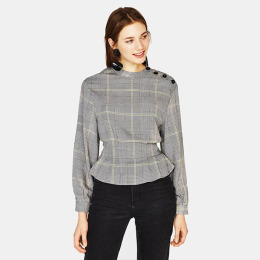 修身顯瘦 肩部不對稱鈕釦設計格紋襯式上衣 修身顯瘦 肩部不對稱鈕釦設計格紋襯式上衣