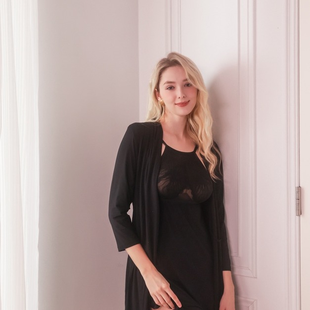 S13-US松露黑柔棉削肩睡衣裙+法式睡袍兩件式組合- S 組合 S13-US松露黑柔棉削肩睡衣裙+法式睡袍兩件式組合- S 組合