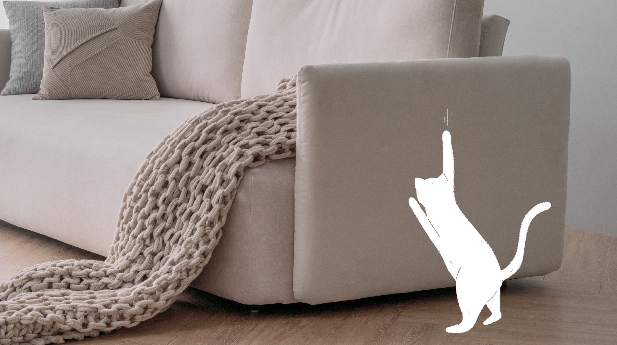 小躺躺沙發輕柔抗貓抓布料 小躺躺沙發特寫,一隻貓咪在抓沙發的插圖