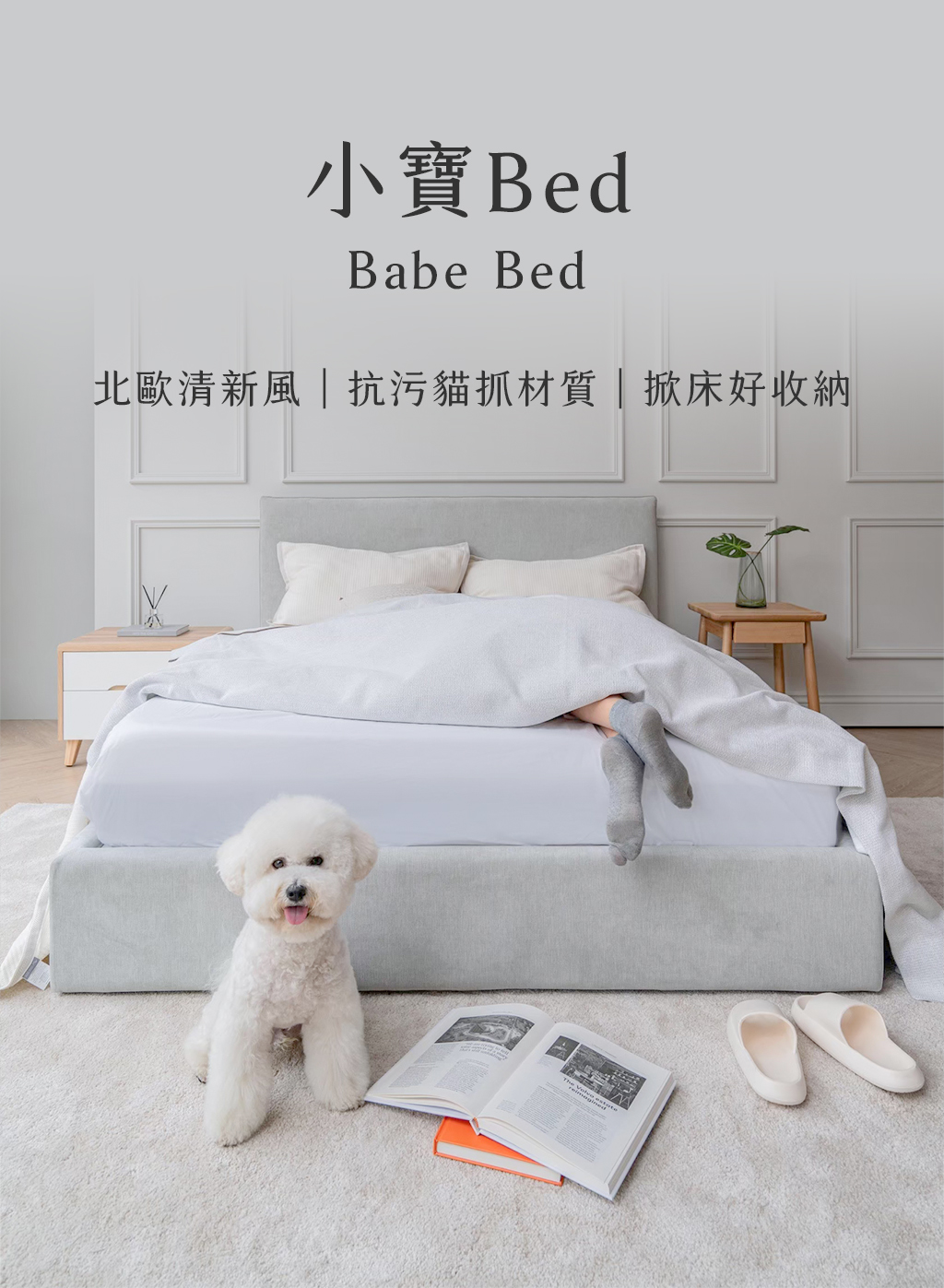 in2home北歐美學小寶Bed 一張冰晶藍顏色的小寶Bed與一隻比熊犬正面照片