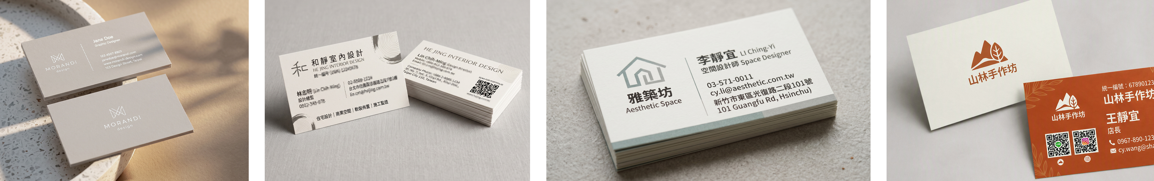 高雄名片設計推薦,頂級象牙紙335g名片範例,本材質是未塗佈紙材,厚度升級至約 0.4mm,紙質扎實硬挺、手感極佳。不同於一般象牙卡的死白,它帶有典雅溫潤的淺米色調,能為印刷品注入柔和優雅的視覺氛圍,更是呈現低飽和度「莫蘭迪色系」與「日系復古風格」的首選,深受許多設計師青睞。