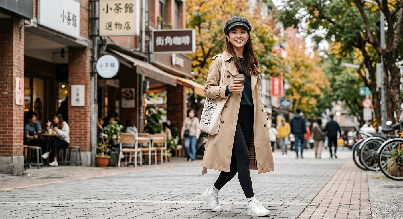 風衣+瑜珈褲+報童帽