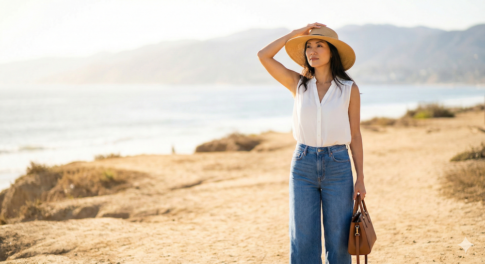 推薦白色棉麻洋裝搭配草編漁夫帽,飾品就選擇自然材質