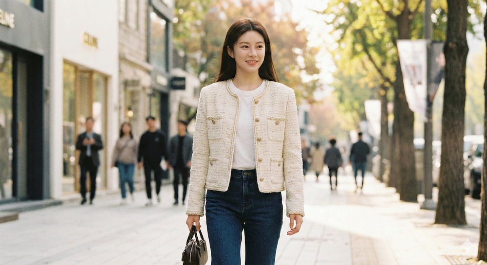 以貴氣的小香風外套,搭配牛仔褲穿出不經意的高級感
