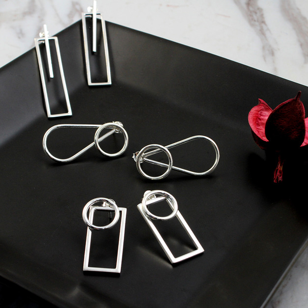 925純銀|幾何主義圓與方形/水滴耳環 e90327-29