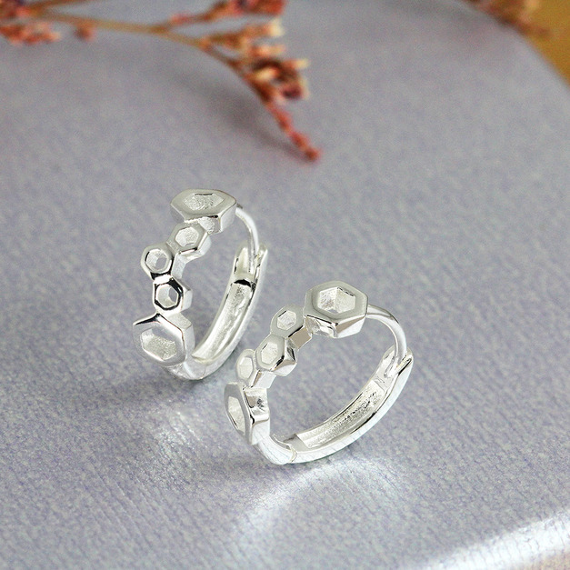 925純銀|蜂巢六角型易扣耳環 EL0129