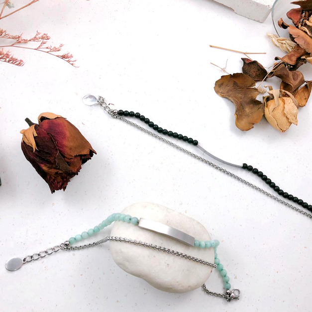 316L鋼|雙鍊黑瑪瑙 /青玉髓手鍊 BSS580-BSS580A