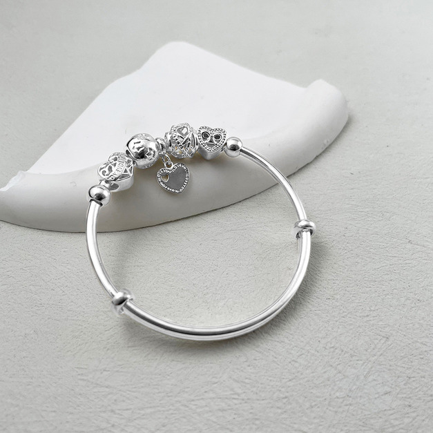 999足銀|簍空雙心ILoveYou伸縮手環 b91201A