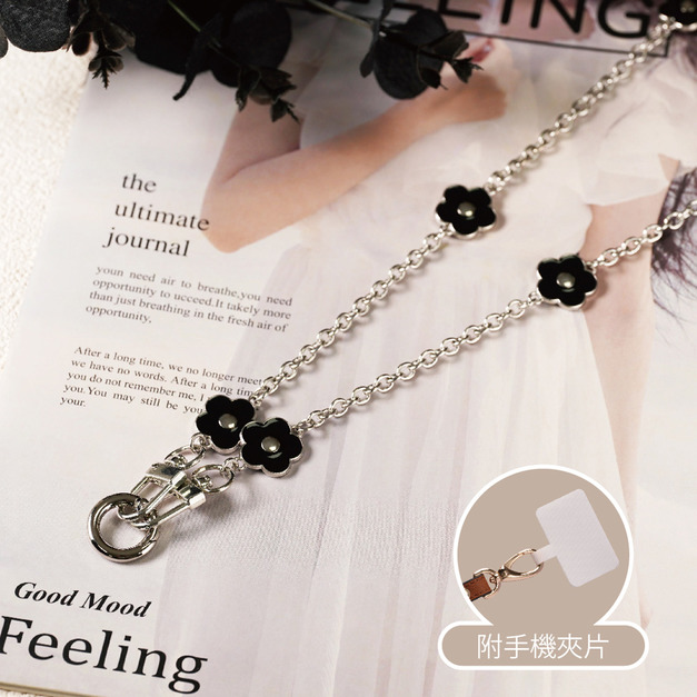 【ALL TIME 完全計時】金屬滴膠黑色小花手機背繩 附夾片 【ALL TIME 完全計時】金屬滴膠黑色小花手機背繩 附夾片