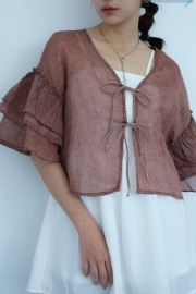 透紗荷葉綁帶罩衫|咖棕 透紗荷葉綁帶罩衫|咖棕