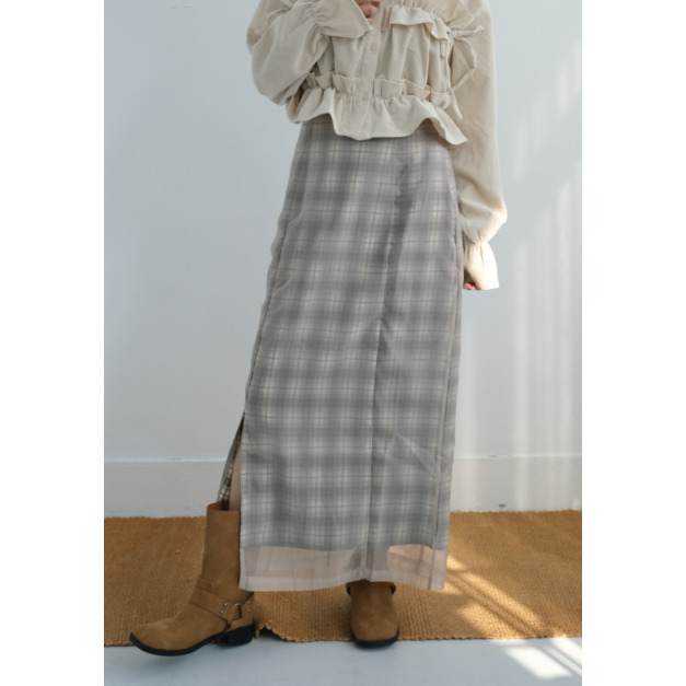 輕柔透紗格紋直筒裙|灰綠 輕柔透紗格紋直筒裙|灰綠
