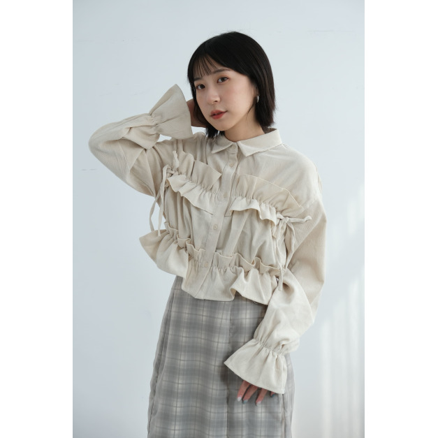 燈心絨抓褶綁帶襯衫|米白 燈心絨抓褶綁帶襯衫|米白