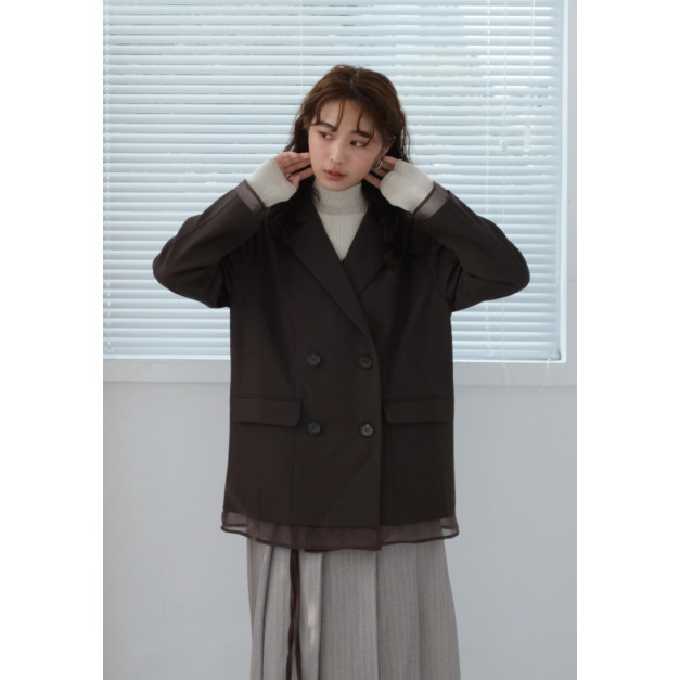 透紗拼接排扣西外|咖棕 透紗拼接排扣西外|咖棕