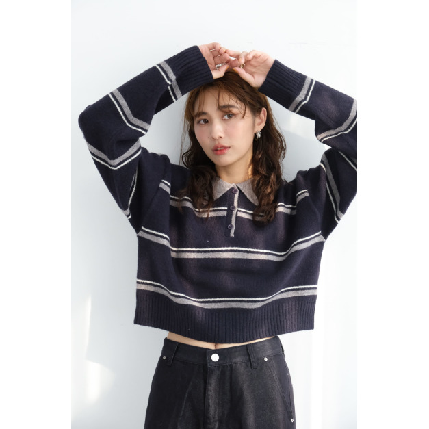 復古條紋柔軟針織上衣|深藍 復古條紋柔軟針織上衣|深藍